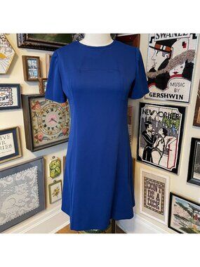 70s Vintage Short Sleeve Royal Knit Polyester Blue A-Line Dress Womens Size XL
